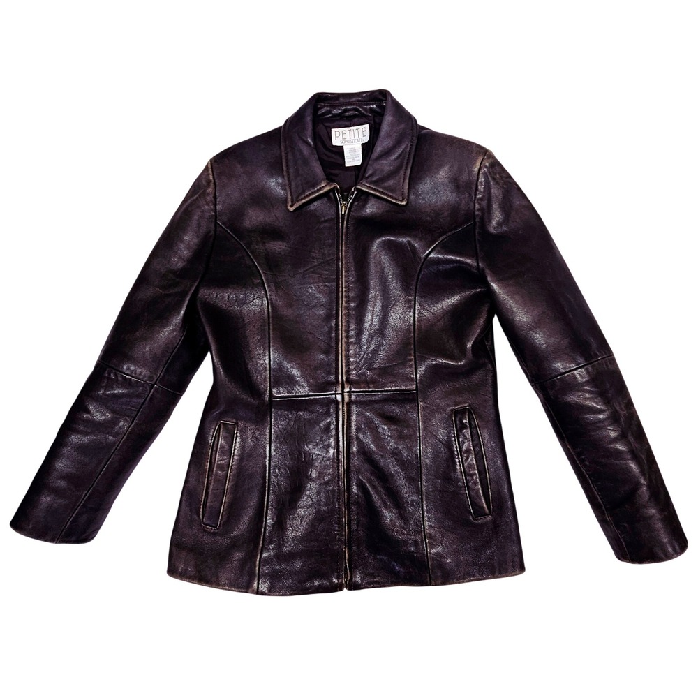 Petite Sophisticate Leather Jacket Womens M Dark Brown Distressed Zip Biker Grng - Picture 2 of 9